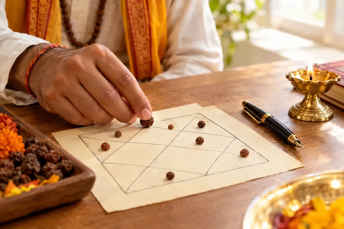 Checking the natural mukhi lines on a Rudraksha bead